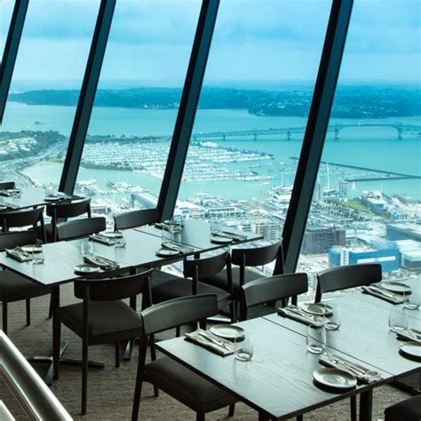 Situated at the top of the Sky Tower, the dining room rotates once every hour, providing a truly ...