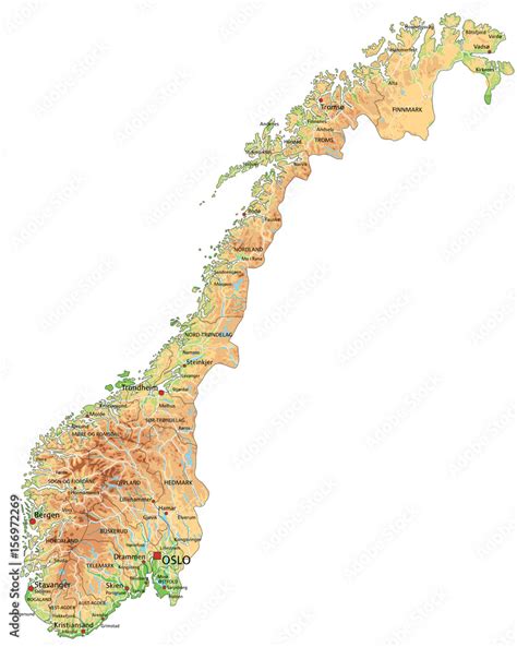 High detailed Norway physical map with labeling. Stock Vector | Adobe Stock