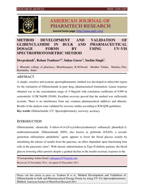 (PDF) METHOD DEVELOPMENT AND VALIDATION OF GLIBENCLAMIDE IN BULK AND PHARMACEUTICAL DOSAGE FORMS ...