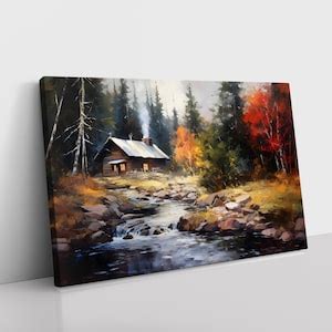 Vintage Country Cabin in Forest Oil Painting Print on Canvas Lodge ...