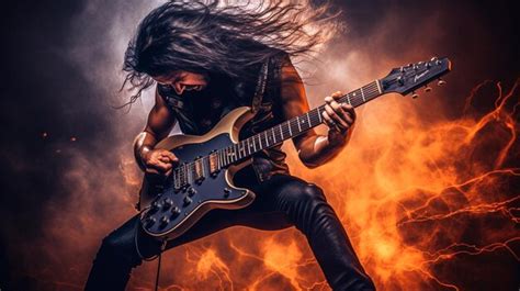 Premium AI Image | Rocker with long hair playing electric guitar in ...