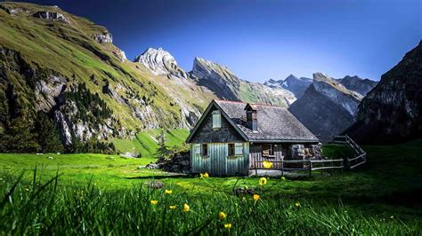 nature, Landscape, Cabin, Mountain, Grass, Shrubs, Fence, Wildflowers ...