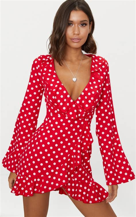 Red Polka Dot Frill Detail Flare Sleeve Wrap Dress | PrettyLittleThing