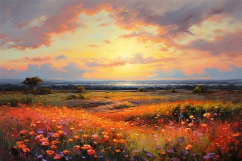 Sunset flower field landscape painting | Premium Photo Illustration - rawpixel