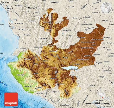 Physical Map of Jalisco, shaded relief outside