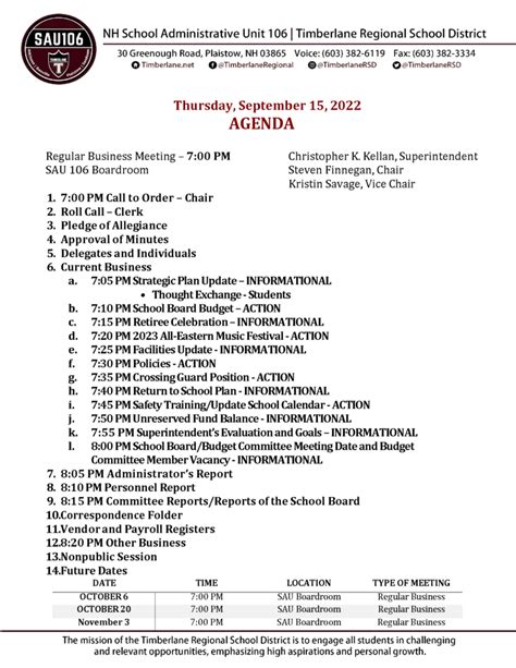 School Board Meeting Agenda 09 15 22 – Timberlane Regional School District