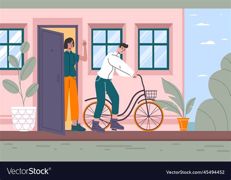 Leaving home funny guy with bike goes out door Vector Image