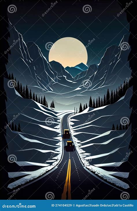 Minimalist Illustration of a Night Road in the Valley. Ia Generative ...