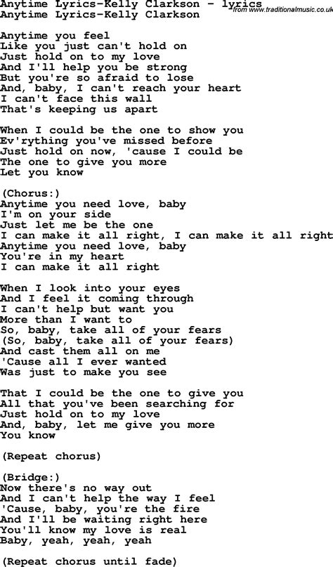 Love Song Lyrics for:Anytime Lyrics-Kelly Clarkson