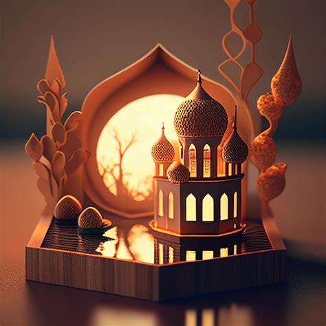 Premium AI Image | A paper model of a mosque with a moon behind it.