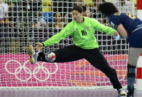 Croatia's goalkeeper Ivana Jelcic tries to make a save during the women ...