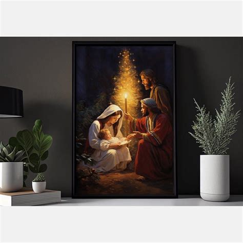 Baby Jesus Around Christmas Tree Painting Canvas Art Print – Vintage ...