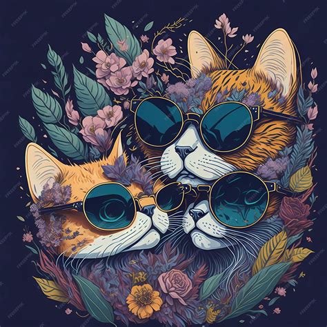 Premium AI Image | A drawing of cats wearing sunglasses and a flower ...