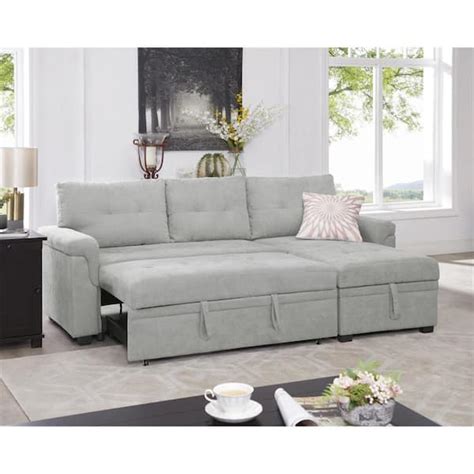 HOMESTOCK 78 in W Gray, Reversible Velvet Sleeper Sectional Sofa Storage Chaise Pull Out ...