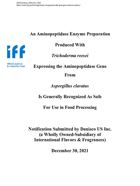 Fillable Online GRAS Notice 1048, Aminopeptidase enzyme preparation ...