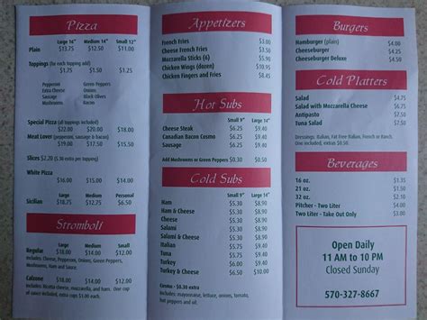 Menu at Venice Pizza pizzeria, Williamsport