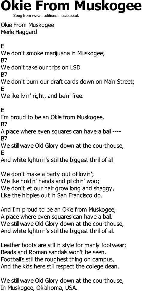 Old Country song lyrics with chords - Okie From Muskogee