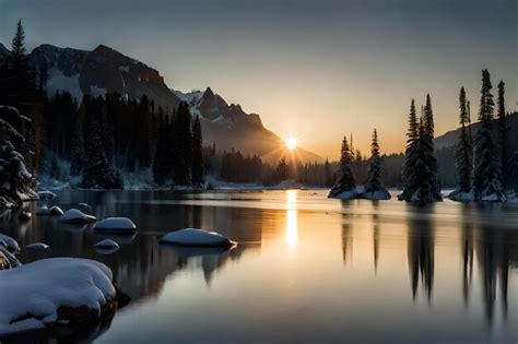 Premium AI Image | a winter sunrise over a mountain lake