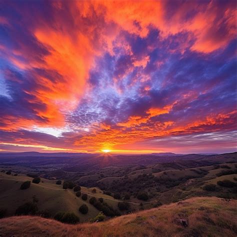 Premium AI Image | Sunset over a grassy hill with a horse grazing in ...