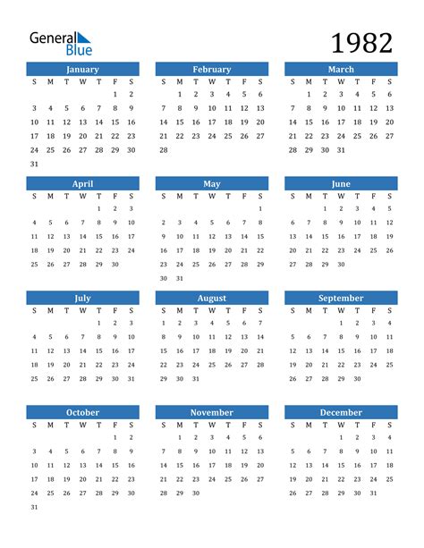 1982 Yearly Calendar With Holidays - YearlyCalendars.net