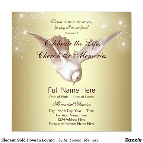 Elegant Gold Dove In Loving Memory Memorial Invitation | Zazzle | In ...