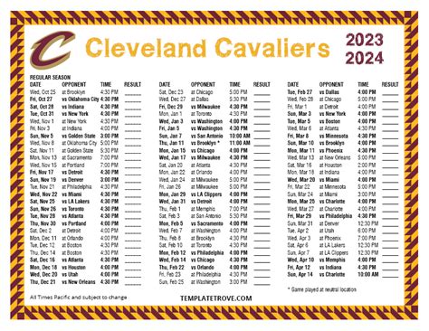 Printable 2023-2024 Cleveland Cavaliers Schedule