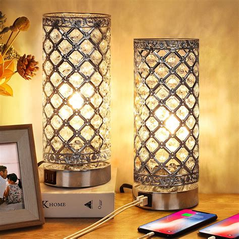 Bedside Table Lamp With Dual USB Charging Ports Nightstand Crystal Desk Lamp Home, Furniture ...