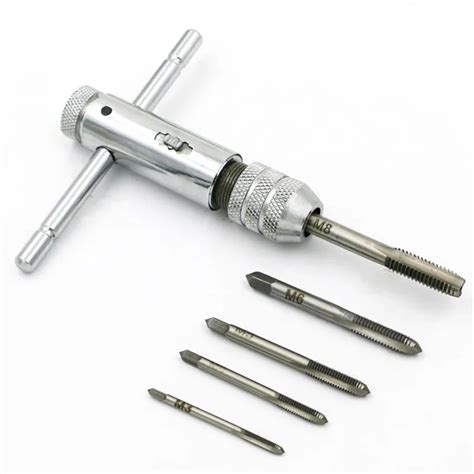 M3 M8 T Handle Ratchet Tap Wrench Machinist Tool + 5pcs Screw Tap Hand Tap Drill Tapping Tool ...