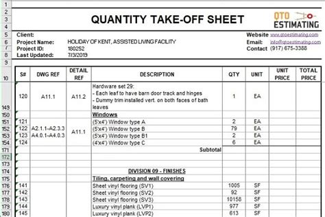 Sample Material Takeoff Spreadsheets - QTO Estimating