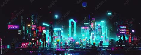 Cyberpunk neon city street at night. Futuristic city scene in a style ...