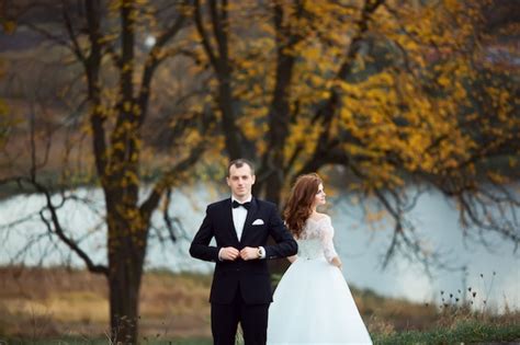 Premium Photo | Wedding beautiful young couple stand on background forest