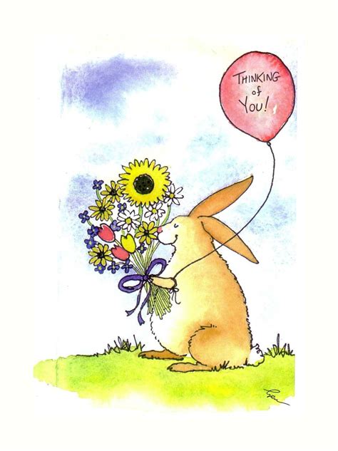 Thinking of You Card Funny Rabbit Bunny Card Bunny Flowers | Etsy