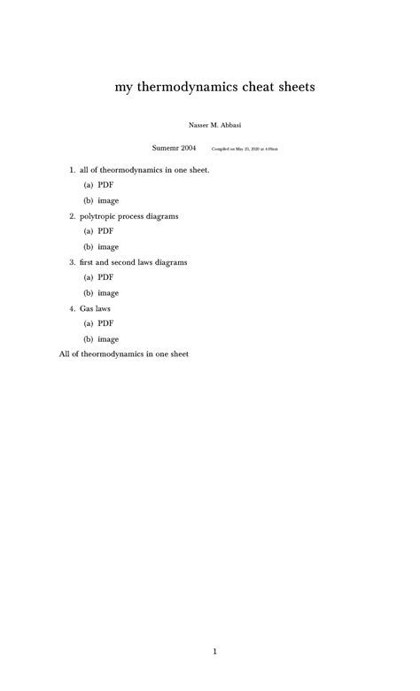 Thermodynamics Cheat Sheet with all equations - my thermodynamics cheat sheets Nasser M. Abbasi ...