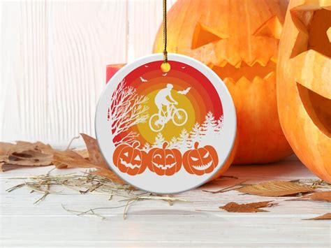 Halloween Ornament Bicycle Sunset Scene, Aluminum or Ceramic, Unique Decor, Spooky Pumpkin ...