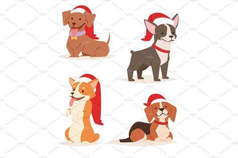 Christmas dog vector cute cartoon puppy characters illustration home pets doggy different Xmas ...