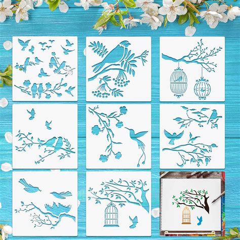 Buy 8 Pieces Birds Stencils Bird Tree Branches Stencil Flying Bird ...