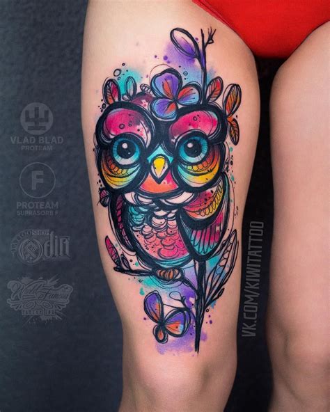 colorful owl tattoo by ©vika_kiwitattoo | Tattoos for women, Owl tattoo ...