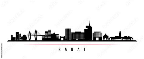 Rabat skyline horizontal banner. Black and white silhouette of Rabat ...