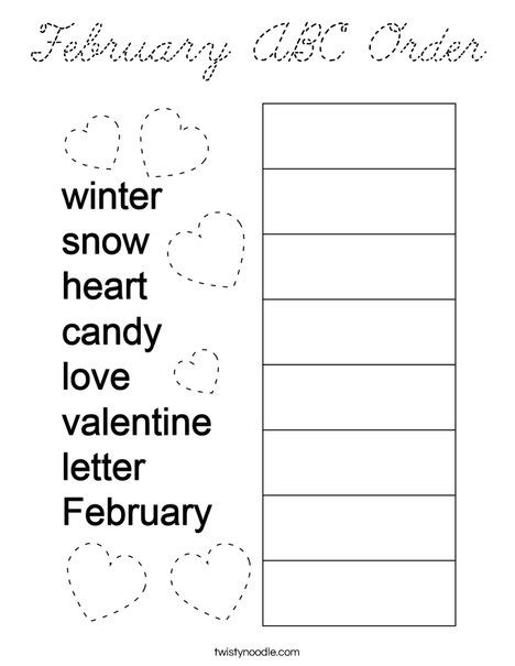 February ABC Order Coloring Page - Cursive - Twisty Noodle