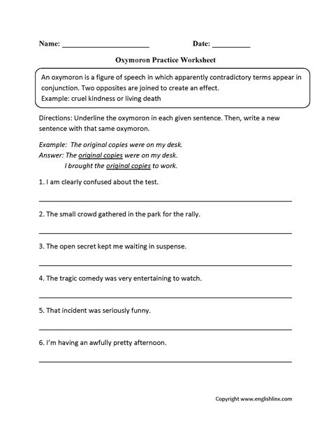 Figurative Language Worksheets | Oxymoron Worksheets