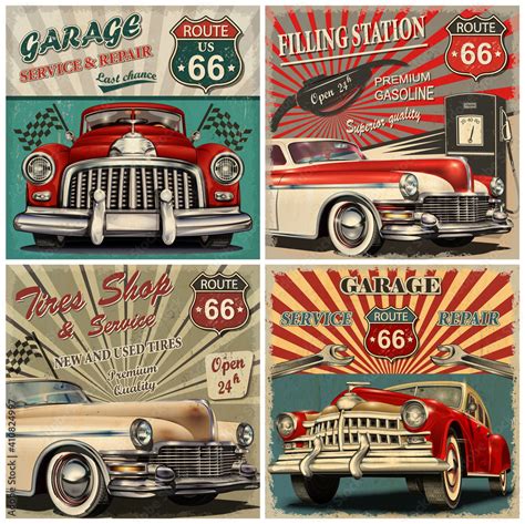 Set of vintage car metal signs,Garage, Filling Station, Tire Shop retro ...