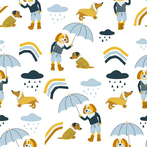 Vector seamless pattern with dogs, umbrella, rain drops and rainbows ...