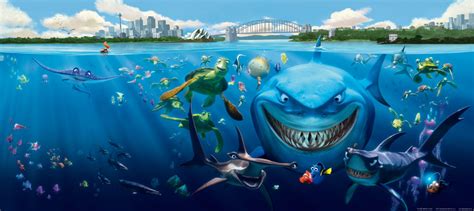 Wall mural wallpaper Finding Nemo 3 sharks Bruce Anchor & Chum photo 202 x 90 cm / 2.21 yd x 35. ...