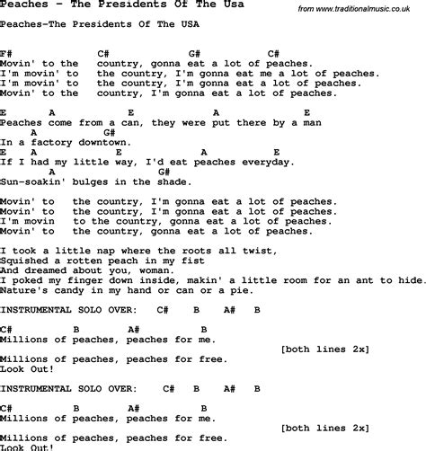 Song Peaches by The Presidents Of The Usa, song lyric for vocal performance plus accompaniment ...