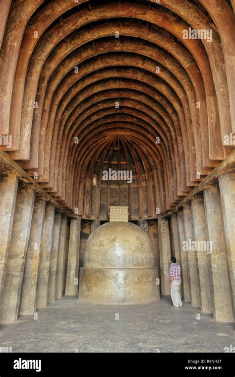 stupa at chaitya, 2nd century BC, rock cut, wooden arches, bhaja caves, pune, Maharashtra, India ...