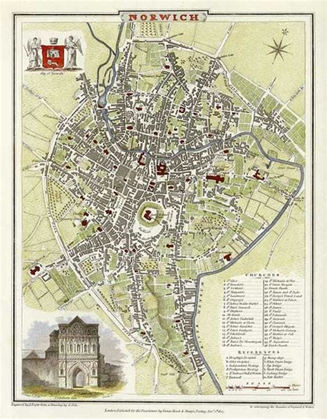 Norwich 1807. Antique City Map of Norwich England by J.Roper