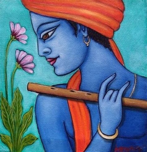 Lord Krishna Playing Flute C Hand Painted Painting On Canvas (Without Frame) – SoulSpaze