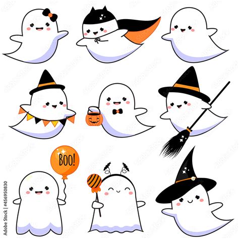 Cute ghosts set. Halloween characters in kawaii style. collection of ...