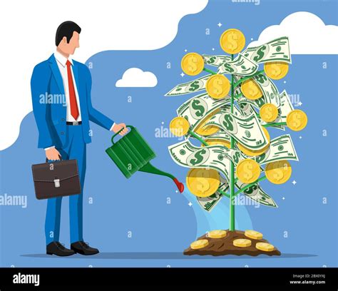 Businessman watering money coin tree with can. Growing money tree. Investment, investing. Gold ...