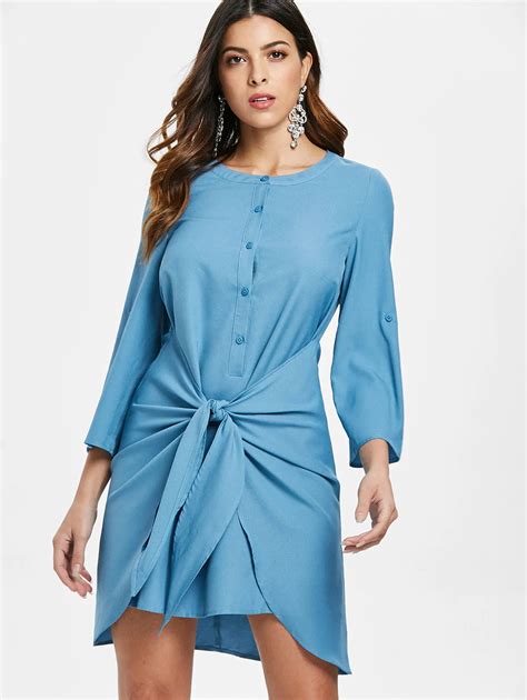 2019 New Long Sleeves Buttons Knotted Casual Women Dress Round Neck Solid Blue Vestidos Robe ...